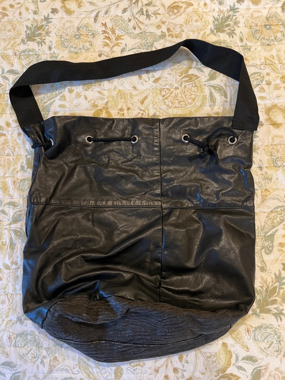 Black Leather Casual Drawstring Artisanal Tote Bag